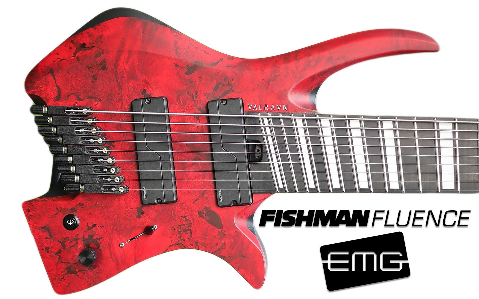 Red Valravn guitar with Fishman Fluence pickups and Iron Age killswitch installed. EMG Logo