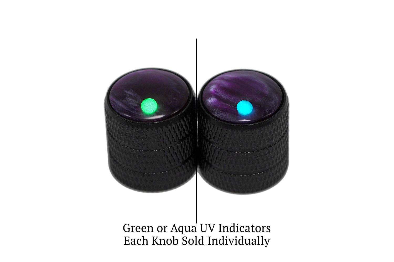 two guitar knobs with a purple pearl top & glow dot indicators