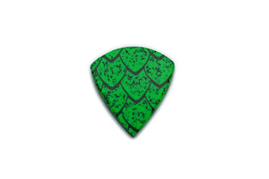Back view of Wyvern Edition Dragon Scale guitar pick showing fluorescent green scale pattern