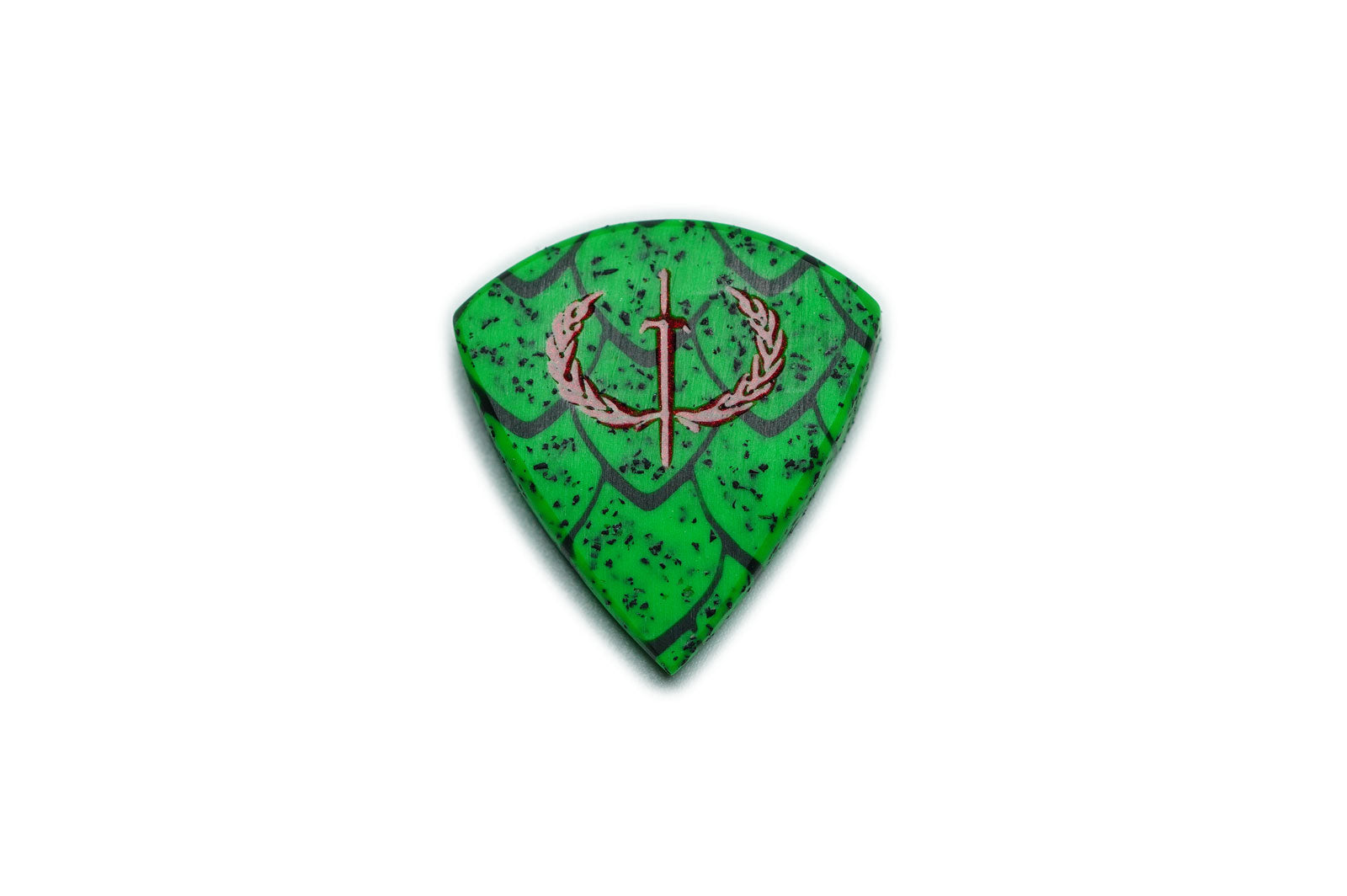 Wyvern Edition Dragon Scale guitar pick with fluorescent green scaled surface and red pearl Iron Age emblem