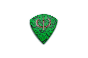 Wyvern Edition Dragon Scale guitar pick with fluorescent green scaled surface and red pearl Iron Age emblem